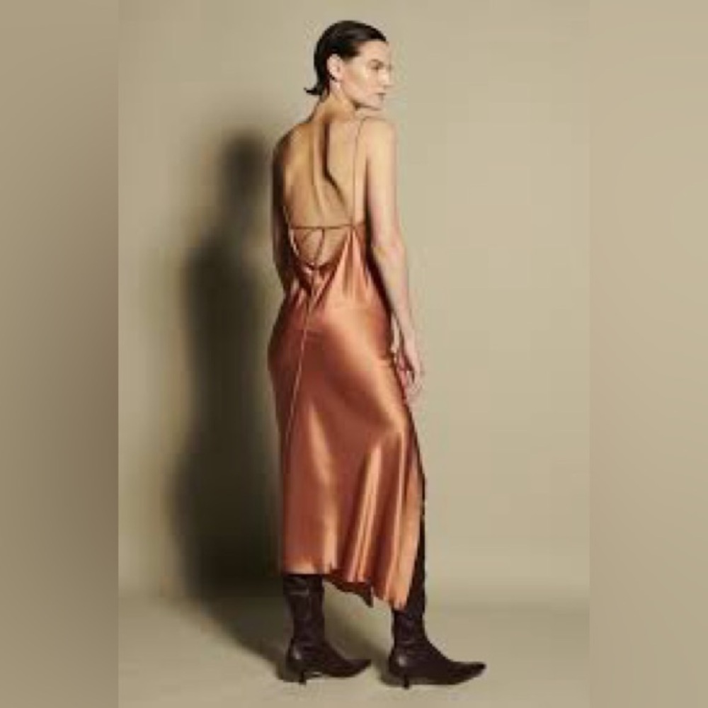 KES Juno Silk Slip Dress Walnut Brown Front Slit Minimalist Luxe NWT M